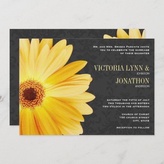 イエローグレーガーベラデイジーヴィンテージダマスクウェディング 招待状 (正面/裏面)