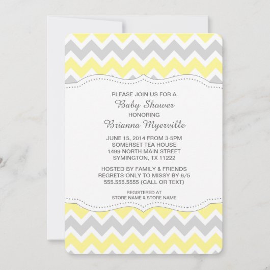 イエローグレーシェブロンベビーシャワー招待状モダン 招待状 (正面)