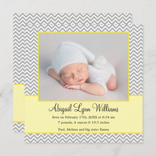 イエローグレーシェブロン少女の写真の誕生のお知らせ 案内状 (正面/裏面)