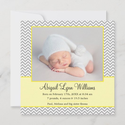 イエローグレーシェブロン少女の写真の誕生のお知らせ 案内状 (正面)