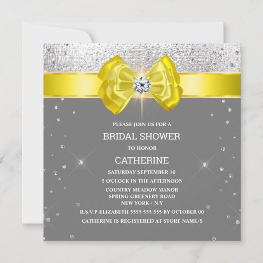 イエローグレーシルバーグリッターの弓が輝エレガントく 招待状 (正面)