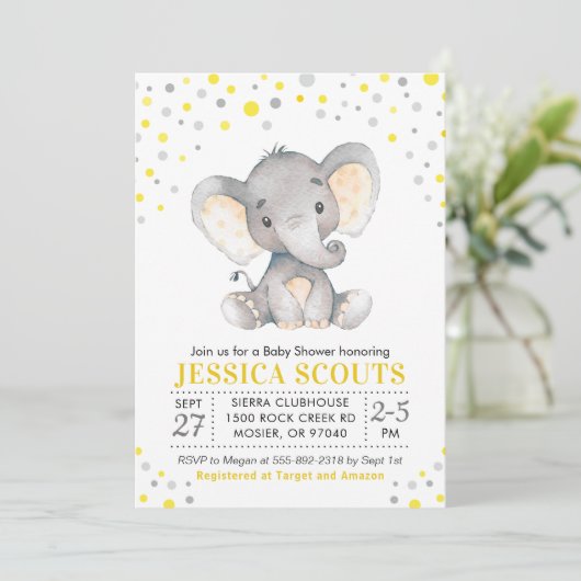 イエローグレーニュートラル水玉模様エレファントベビーシャワー 招待状 (スタンド正面)