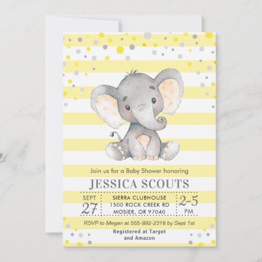 イエローグレーニュートラル水玉模様エレファントベビーシャワー 招待状 (正面)