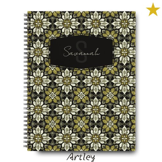 イエローグレーフローラスペインのタイル名モノグラム ノートブック