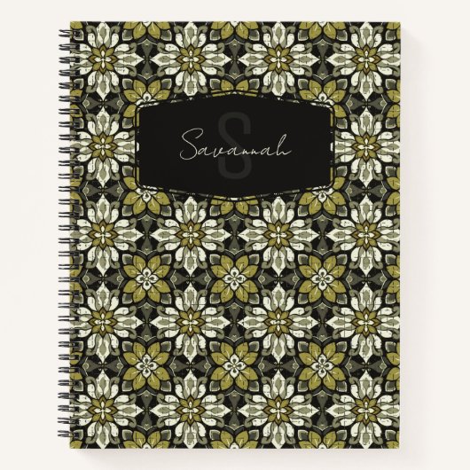 イエローグレーフローラスペインのタイル名モノグラム ノートブック (正面)