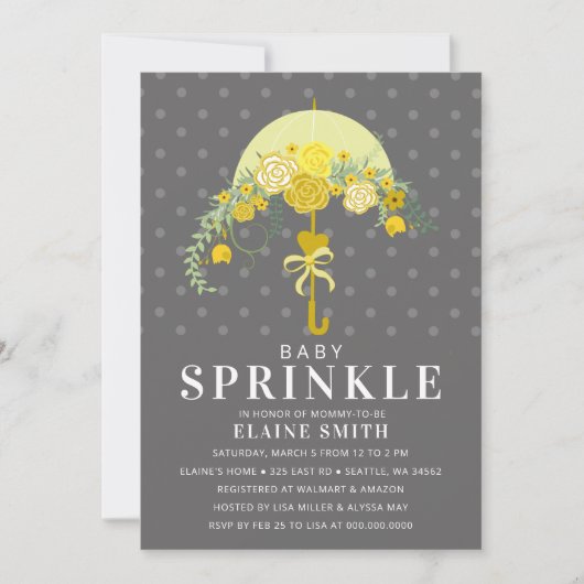 イエローグレーフローラ傘ニュートラルベビーシャワー 招待状 (正面)
