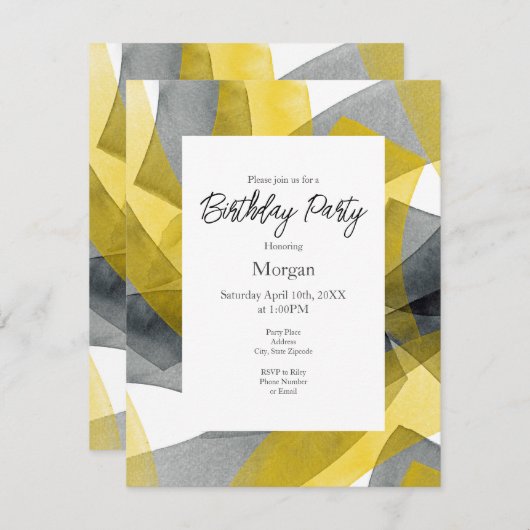 イエローグレーブラックウォーターのカラー抽象芸術ブラシストローク 招待状 (正面/裏面)