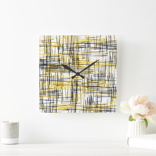 'イエローグレーブラックスクライブズ'抽象芸術水色 スクエア壁時計 (ホーム)