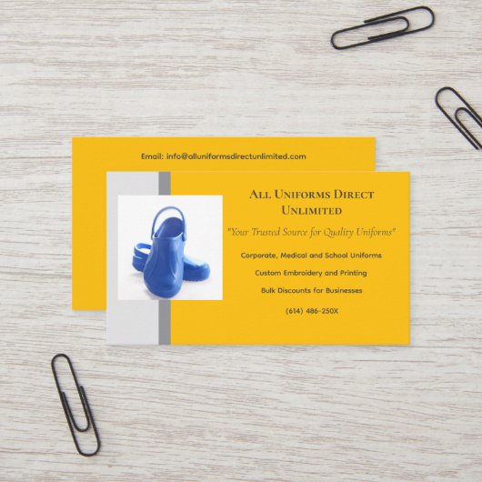 イエローグレーブルーメディカルクロッグユニフォーム 名刺 (正面/裏面インサイチュ)