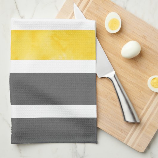 イエローグレーホワイトウォーターの色のストライプ キッチンタオル (四つ折り)