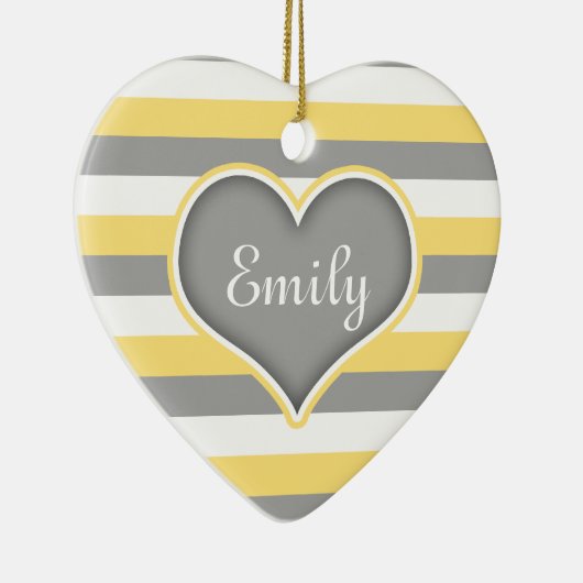 イエローグレーホワイトストライプハート セラミックオーナメント (右)