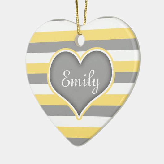 イエローグレーホワイトストライプハート セラミックオーナメント (左)