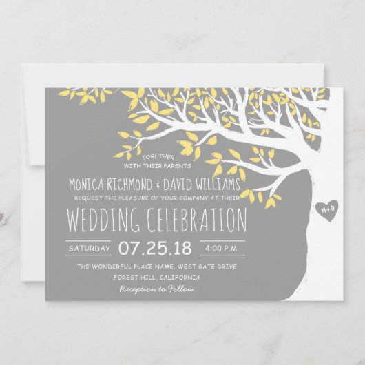 イエローグレーホワイトツリーヴィンテ素朴ージウェディング 招待状 (正面)