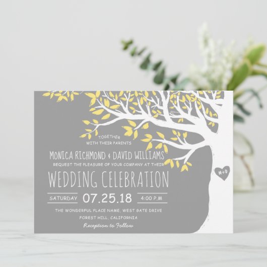 イエローグレーホワイトツリーヴィンテ素朴ージウェディング 招待状 (スタンド正面)