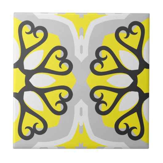 イエローグレーホワイトモザイクフローラ幾何学模様 タイル (正面)