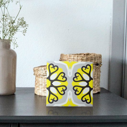 イエローグレーホワイトモザイクフローラ幾何学模様 タイル