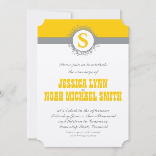 イエローグレーモノグラム結婚式の招待または任意の色 招待状 (正面)