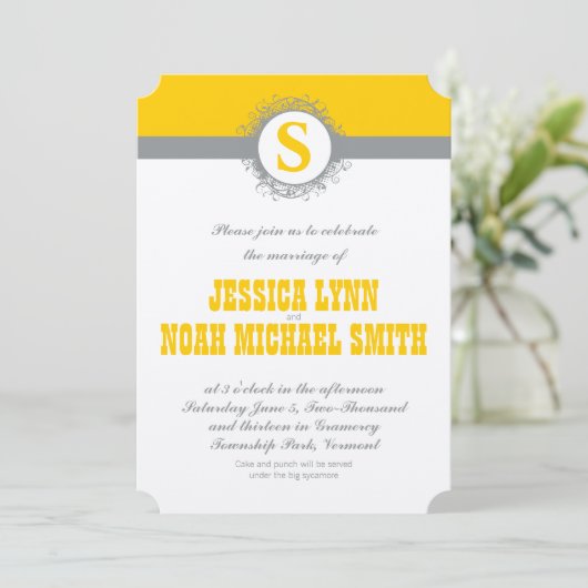 イエローグレーモノグラム結婚式の招待または任意の色 招待状 (スタンド正面)