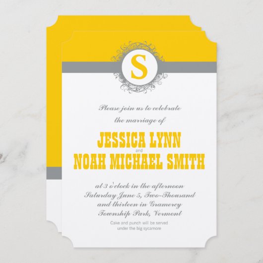 イエローグレーモノグラム結婚式の招待または任意の色 招待状 (正面/裏面)
