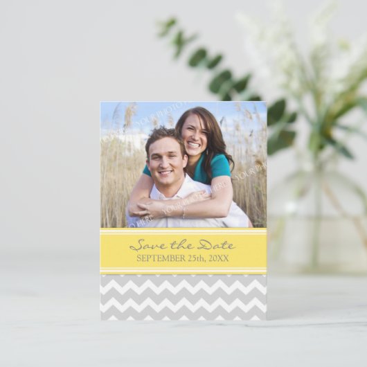 イエローグレー写真日付の結婚はがきを保存 案内ポストカード (スタンド正面)