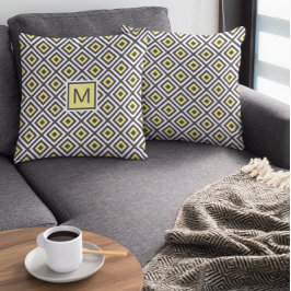 イエローグレー幾何学模様モノグラム クッション