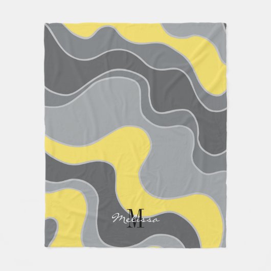 イエローグレー抽象芸術海波モノグラム フリースブランケット (正面)
