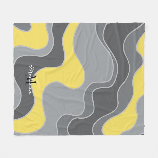 イエローグレー抽象芸術海波モノグラム フリースブランケット (正面(横))