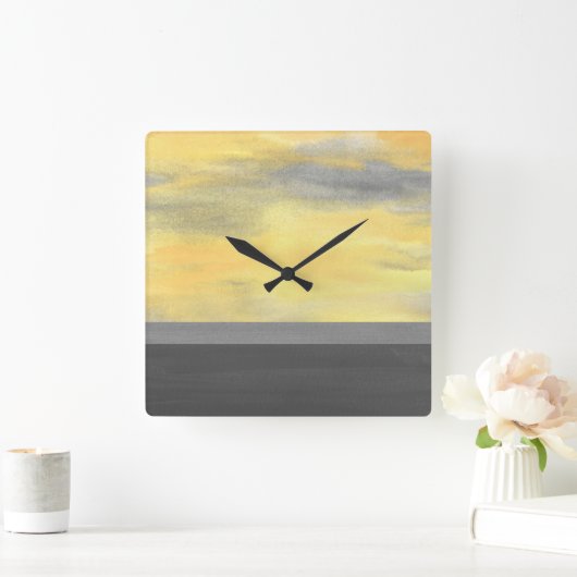 イエローグレー抽象芸術 モダン スクエア壁時計 (ホーム)