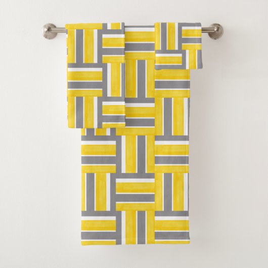 イエローグレー白ストライプ色のモダンパターン バスタオルセット (インサイチュ)