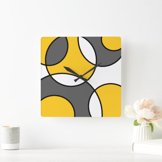 イエローグレー白黒抽象芸術円 スクエア壁時計 (ホーム)