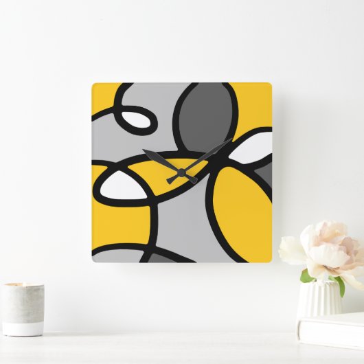 イエローグレー白黒抽象芸術 スクエア壁時計 (ホーム)