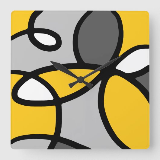 イエローグレー白黒抽象芸術 スクエア壁時計 (正面)