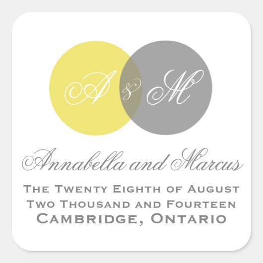 イエローグレー絡みモノグラム秋の結婚式ステッカー スクエアシール (正面)
