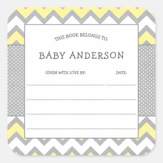 イエローグレー蔵書票、ベビー初のライブラリ スクエアシール (正面)