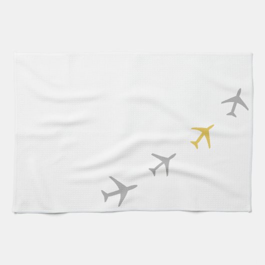イエローグレー飛行機航空機航空フライ キッチンタオル (横)