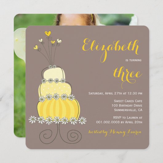 イエローケーキガールお洒落バースデーパーティー招待状 招待状 (正面/裏面)