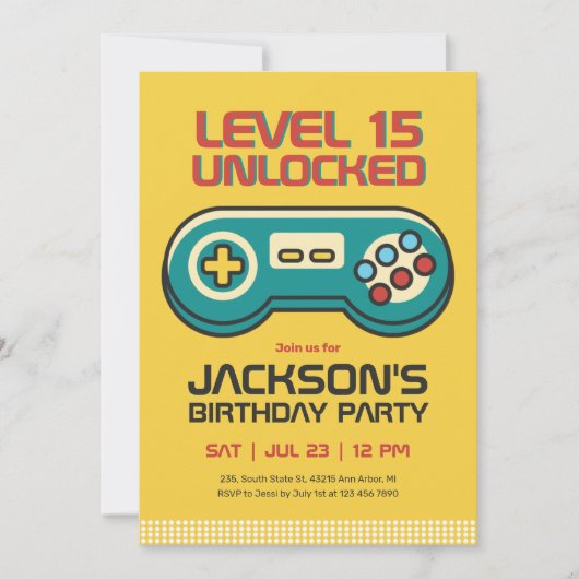 イエローゲームビデオゲームプレーヤーゲーマーボーイ誕生日 招待状 (正面)