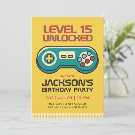 イエローゲームビデオゲームプレーヤーゲーマーボーイ誕生日 招待状 (スタンド正面)