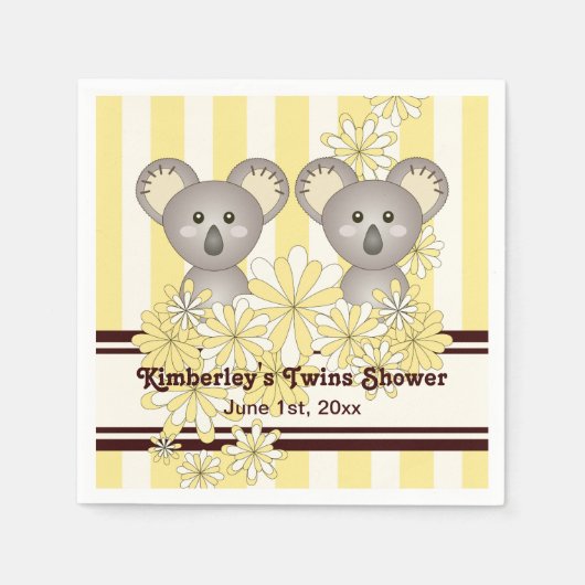 イエローコアラツインベビーシャワー/子供の誕生日 スタンダードカクテルナプキン (正面)