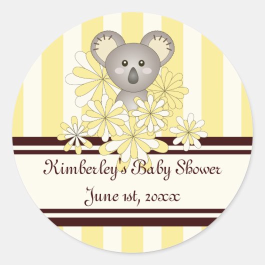 イエローコアラ男女兼用ベビーシャワー/誕生日 ラウンドシール (正面)
