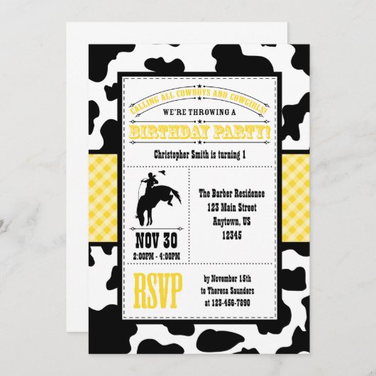 イエローコウィドカウボーイ誕生日招待状 招待状 (正面/裏面)