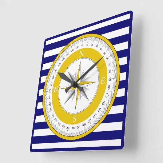 イエローコンパスバラブルーとホワイトストライプ スクエア壁時計 (傾斜)