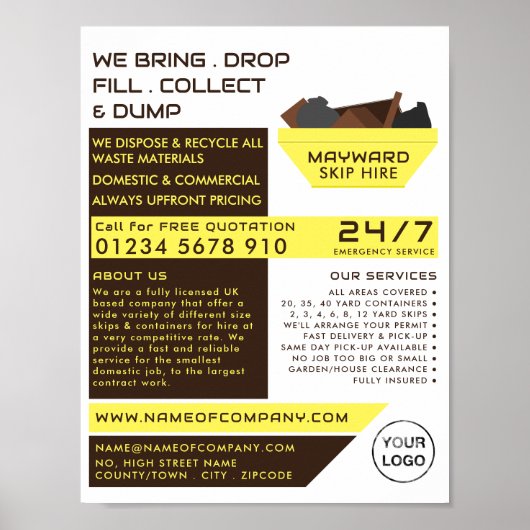 イエローゴミのスキップデザイン、スキップ/ダンプスター会社 ポスター (正面)