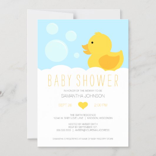 イエローゴムダッキー(アヒルちゃん)バブルバスベビーシャワー マグネット招待状 (正面)