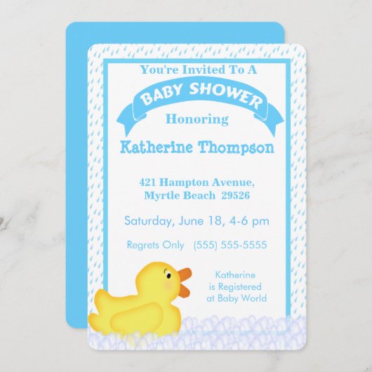 イエローゴムダッキー（アヒルちゃん）ベビーシャワー招待状 招待状 (正面/裏面)