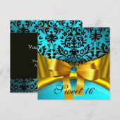 イエローゴールド リボン ティール アクア ブルー ブラック ダマスク 招待状 (正面/裏面)