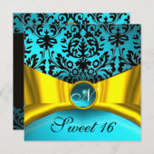 イエローゴールド リボン ティール ブルー ブラック ダマスク モノグラム 招待状 (正面/裏面)