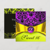 イエローゴールド リボン パープル ブラック ダマスク モノグラム 招待状 (正面/裏面)