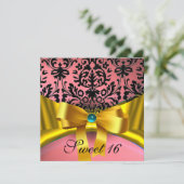 イエローゴールド リボン ピンク ブラック ダマスク 招待状 (スタンド正面)