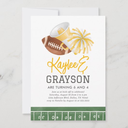 イエローサッカーとチアリーティングジョイント誕生日 招待状 (正面)